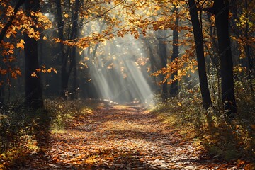 Sunlight beams through autumn leaves on a forest path