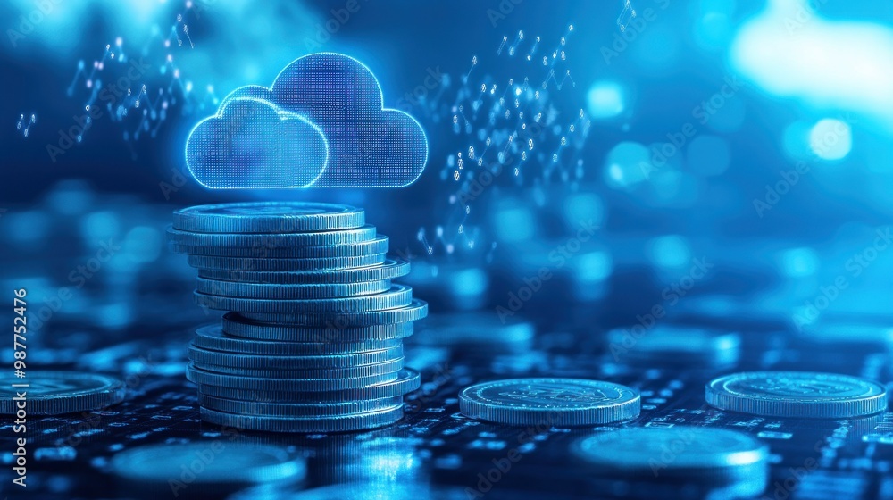 Poster digital cloud icon hovering over a stack of silver coins