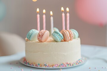Minimalistic birthday cake with pastel colors, candles, and macarons.
