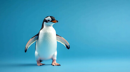 Fototapeta premium A penguin stands on a blue background.