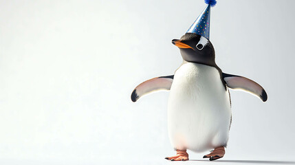 A penguin wearing a blue party hat stands on a white background.