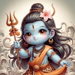 Young Lord Shiva depicted holding a trident in divine form.