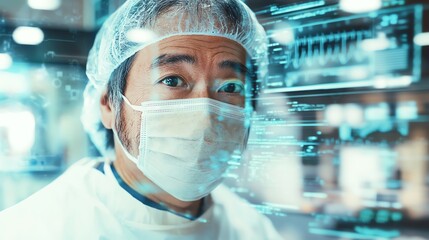 Focused healthcare professional in a sterile environment analyzing digital data through a transparent screen.