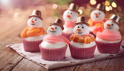 snowman, cupcake, food, new, design, card, macro, snowmen, cupcakes, muffins, closeup, photo, holiday, decoration, snow, winter, cake, celebration, copy space, with, on, group., cream, cakes, ad, glow