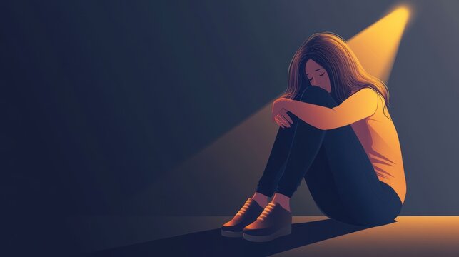 Expression cartoon illustration of a woman sitting because of stress sadness depression because of life problems background wallpaper AI generated image