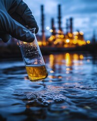 Handling gloves collect a wastewater sample into a flask or test tube for laboratory water analysis, emphasizing industrial and environmental concepts.