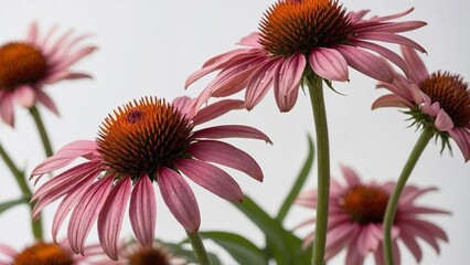 Fototapeta premium Single Echinacea flower in full bloom against a white background with green leaves