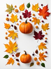 A decorative arrangement of pumpkins and autumn leaves on a white background.