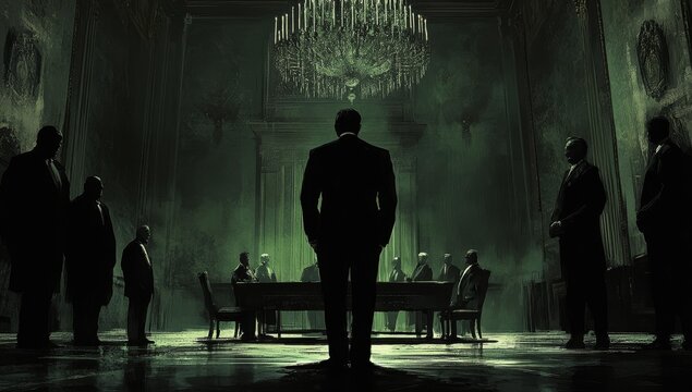 Silhouettes of men in a dimly lit room.