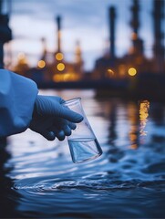 Handling gloves collect a wastewater sample into a flask or test tube for laboratory water analysis, emphasizing industrial and environmental concepts. 