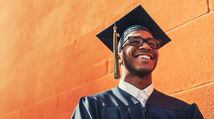 Joyful graduate celebrating success outdoors, wearing a cap and gown against a vibrant orange wall.