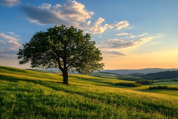 Lone tree on a hill in a field at sunset