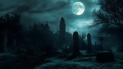 Haunting Graveyard Eerie Moonlight Shadows Tombstones Spooky Atmosphere Dark Night Trees Fog