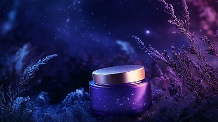 Nighttime Skincare Jar Under Starry Sky with Purple Flowers
