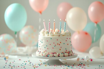 Pastel-colored birthday scene with cake and balloon confetti on a light background.