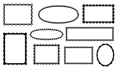 Scallop frames and dividers, edge lace borders, frill ribbons with fabric ornament pattern. Vector scalloped round, oval, square or rectangular shapes with black elegant curves boast vintage intricacy