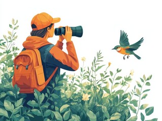 Illustration of a nature enthusiast capturing a bird in flight with a camera, surrounded by lush greenery and vibrant flora.