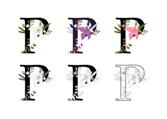 Vector collection of the letters P adorned with floral designs.