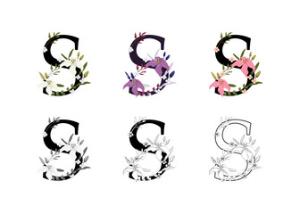 Vector collection of the letters S adorned with floral designs.
