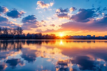 Naklejka premium Stunning sunset over a lake with reflection of the sky and clouds in the water