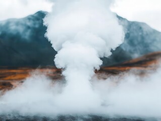 Geothermal power plant surrounded by nature, steam rising from the earth, eco-friendly energy production