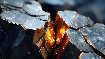 Hyper-realistic cracked stone texture with golden veins and intricate natural patterns. AI generative.
