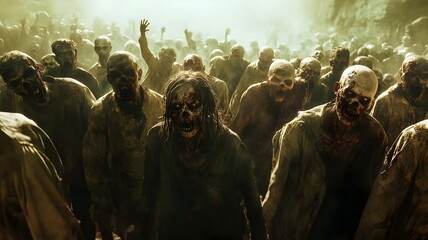 Fototapeta premium Terrifying Zombie Horde Creeping Through Foggy Landscape Undead Apocalypse