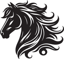 A black and white drawing of a horse with a black tail