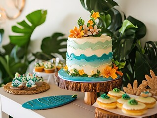 Playful birthday beach bash with a surfboard cake, ocean waves, and tropical decor