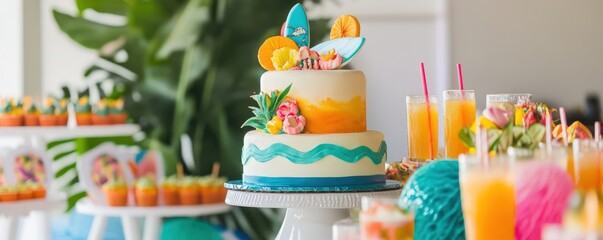 Playful birthday beach bash with a surfboard cake, tropical drinks, and vibrant decor