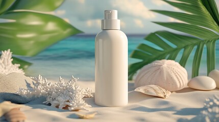 White Spray Bottle Mockup on Sandy Beach with Tropical Leaves