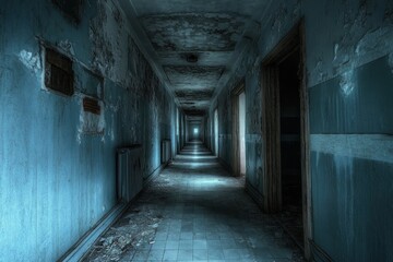 Long dark corridor showing crumbling decaying hospital