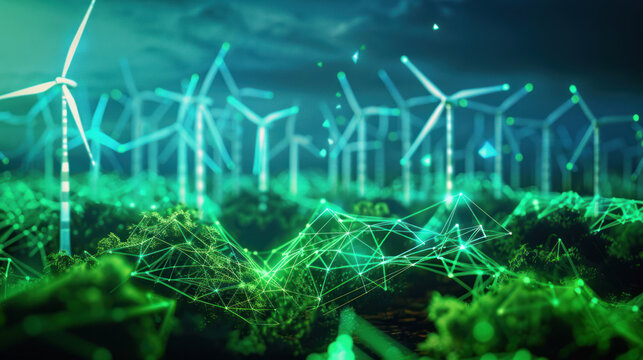 Business investment into futuristic green tech industries, with glowing holograms of renewable energy projects and sustainable innovation