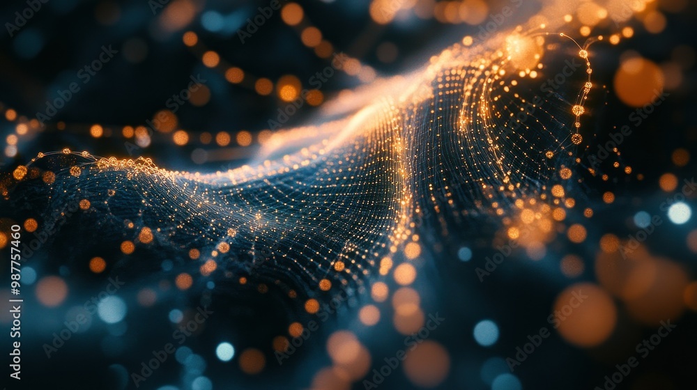 Poster abstract digital network with golden light trails and bokeh
