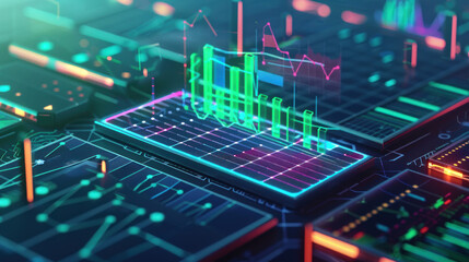 Obraz premium Business profit analysis in a futuristic green-tech startup, where solar-powered devices project virtual profit charts