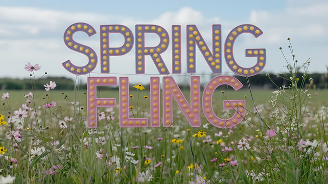 Pink and yellow spring fling sign in a field of wildflowers,  joyful celebration of the season. 

