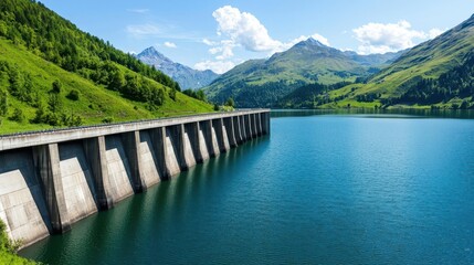 Hydropower facility surrounded by a green landscape, producing renewable energy for sustainable growth