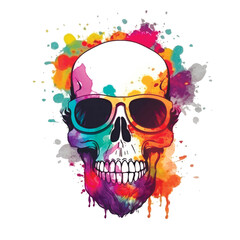 Vibrant colorful graffiti style hand drawn skull with beard and dark sunglasses. Bright painted skull with watercolor liquid splashes, spots, splatters. White background. Isolated vector illustration.