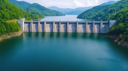 Modern hydropower station with advanced turbines, generating renewable energy in a natural setting