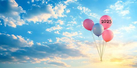 Obraz premium Color New Year 2025 balloons floating against blue sky background