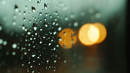 Beautiful Rain drops of water on the windshield of the car with the glass cleaners turned on, Raindrop-covered window with distant glowing light at night.
