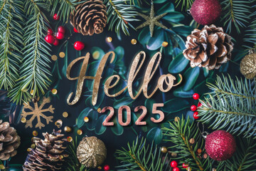 Golden text Hello 2025 amidst Christmas decorations with pine branches
