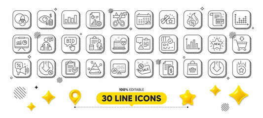 Dot plot, Loan percent and Payment card line icons pack. 3d design elements. Card, Vip shopping, Report statistics web icon. Report diagram, Bid offer, Cut ribbon pictogram. Vector