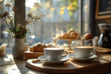Two cups of coffee steaming on table in cafe by window