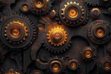 Rusty metallic gears and cogs creating a mechanism