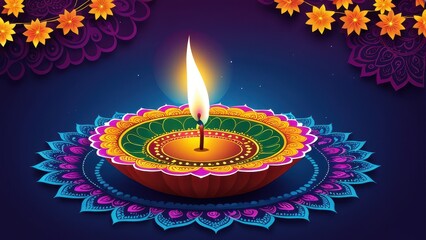 A decorative oil lamp (diya) surrounded by colorful patterns, symbolizing celebration and light.