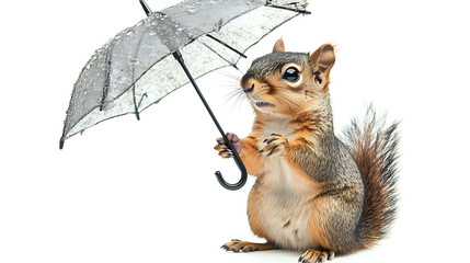 A cute squirrel holds a small umbrella over its head.