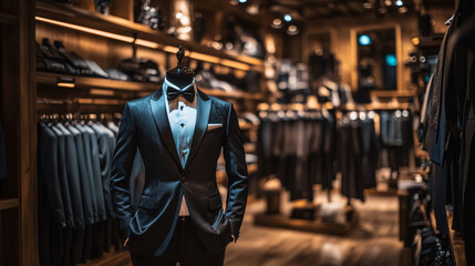 Naklejka premium Elegant black suit with bow tie displayed on mannequin in tailoring atelier