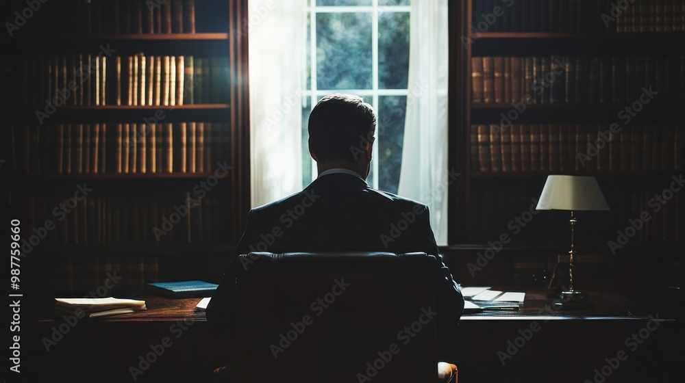 Poster man in suit sitting at desk with bookcases and window behind him