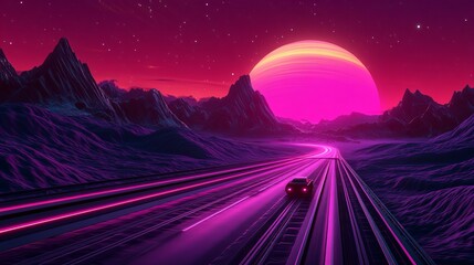 A neon-lit futuristic highway stretches through a mountainous landscape with a large glowing pink sun setting on the horizon, creating a surreal, retro-futuristic atmosphere